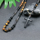 Terço em Pedras Naturais Olho de Tigre e Onix com Cruz em Hematita Rosário